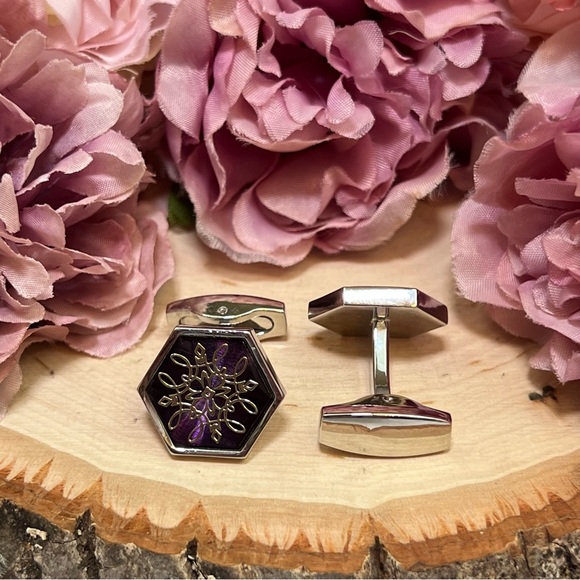 Stunning French Inspired Engraved Purple Hexagon Cufflinks - Picture 8 of 16